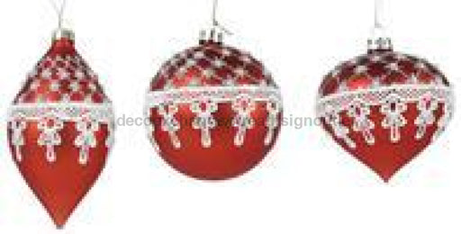 3 Asst Glass Lace/Pearl/Diamond Orns Matte Red/White Lace XH109024 - DecoExchange