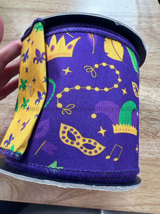 4’’ X Loyds Dupion Mardi Gras Mask Beads Crown Purple Ds-87-1177 Ribbon