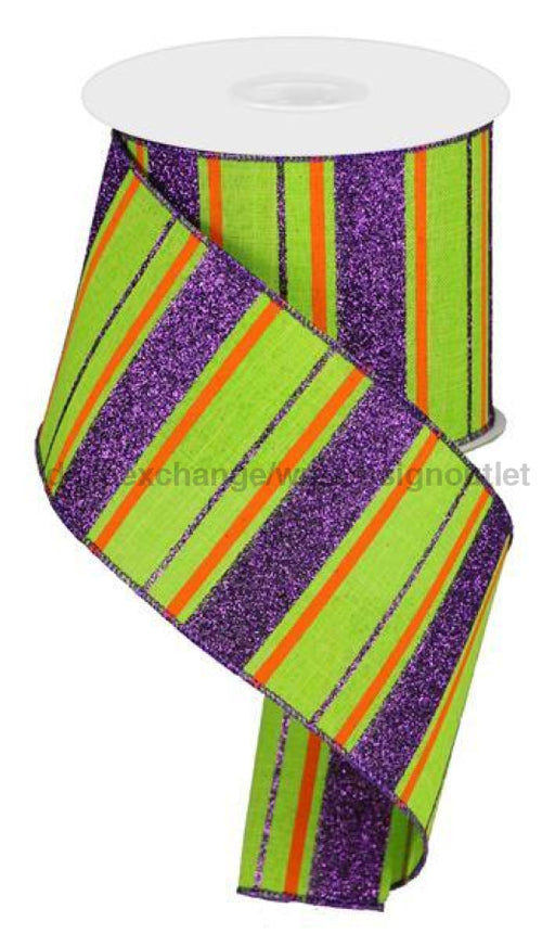 4"X10Yd Glitter Stripes On Royal Lime/Dk Purple/Orange RGA1200A1 - DecoExchange®
