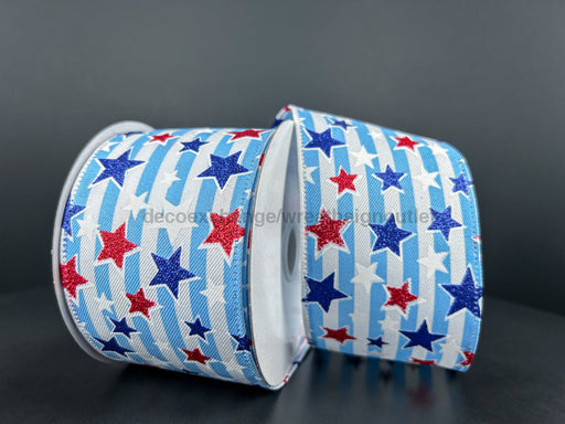 46404-40-04: White Linen-Light Blue Stripe/Red And Glitter Stars 2.5X10Y Ribbon