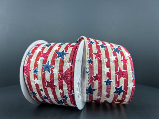 46405-40-10: Natural Linen-Burgandy Stripe/Red White And Blue Glitter Stars 2.5X10Y Ribbon