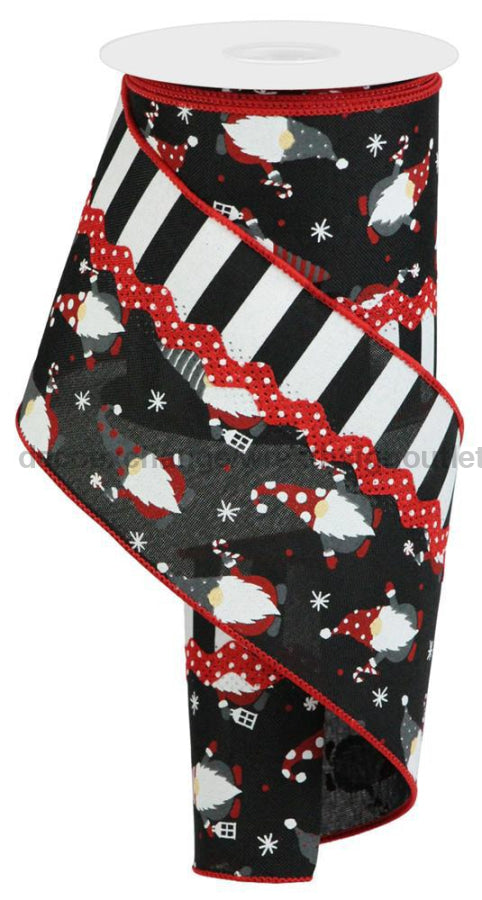 4’’X10Yd 3-In-1 Christmas Gnome/Stripe Black/Red/White RGS000602 Ribbon