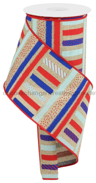 4’’X10Yd Brush Stroke Stripes/Royal Lt Beige/Red/Lt/Blue/Blue RGC13164Y Ribbon