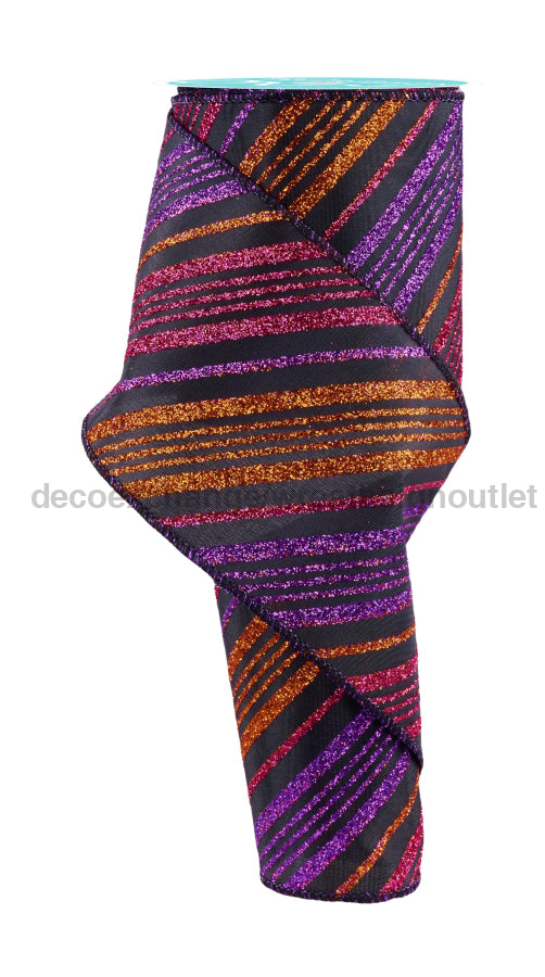 4’’X10Yd Diagonal Glitter Stripe Black/Prpl/Orng/Hot Pink RGF1432YR Ribbon