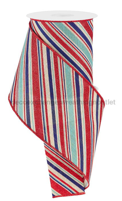4’’X10Yd Diagonal Stripe Lt Nat/Lt Blue/Royal/Red RGE182618 Ribbon