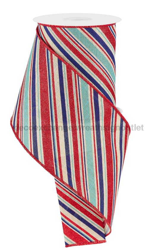 4’’X10Yd Diagonal Stripe Lt Nat/Lt Blue/Royal/Red RGE182618 Ribbon