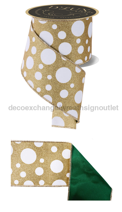 4’’X10Yd Giant Multi Polka Dots/Fused White/Gold/Emerald LX324006 ribbon