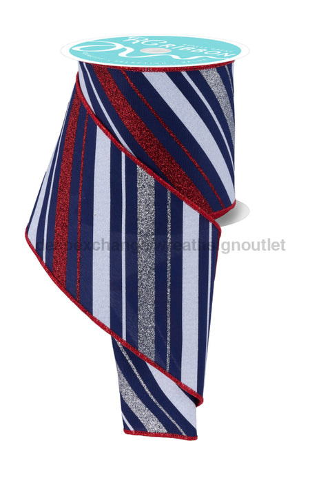 4’’X10Yd Multi Diagonal Stripe Navy/Red/Silver/White RGF184819 ribbon