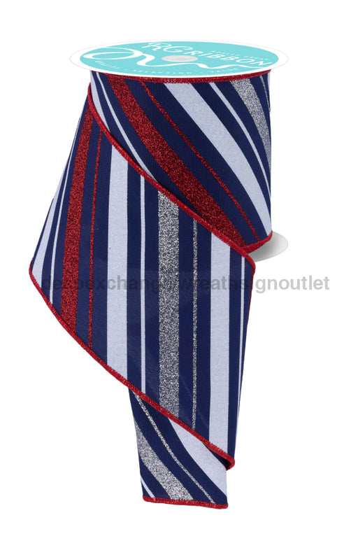 4’’X10Yd Multi Diagonal Stripe Navy/Red/Silver/White RGF184819 ribbon
