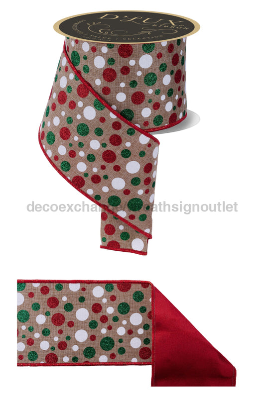 4’’X10Yd Multi Polka Dot/Fused Lt Beige/White/Red/Emrld LX318301 Ribbon