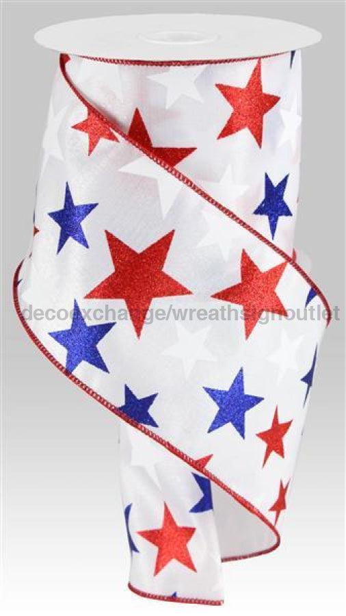 4"X10Yd Star On Satin White/Red/Navy RG0193027 - DecoExchange