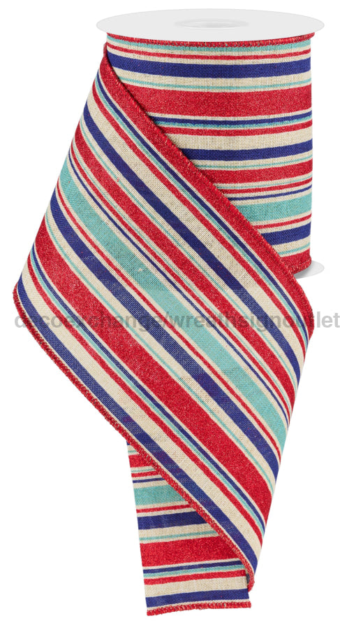 4’’X10Yd Vertical Stripe Lt Nat/Lt Bl/Ryl Blue/Rd RGE182318 ribbon