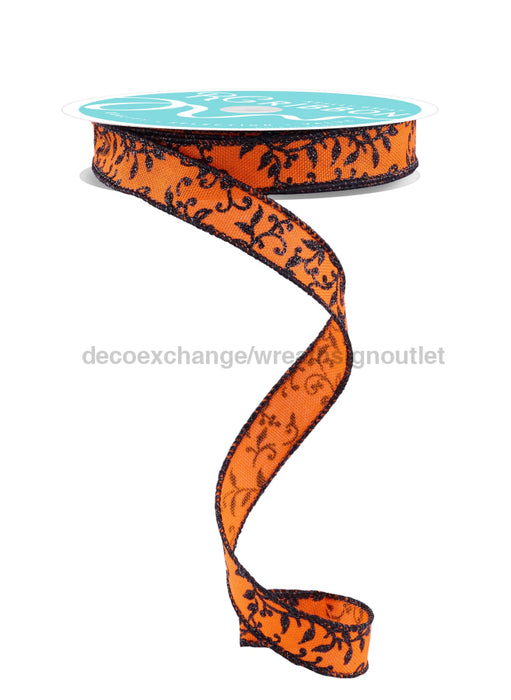 5/8’’X10Yd Glitter Mini Leaf Vines Orange/Black Rgf1394P2 Ribbon