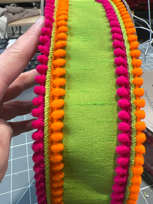 3" x 10 Yds Dupion Hot Pink Orange Pom Pom Trim Lime 05-1894