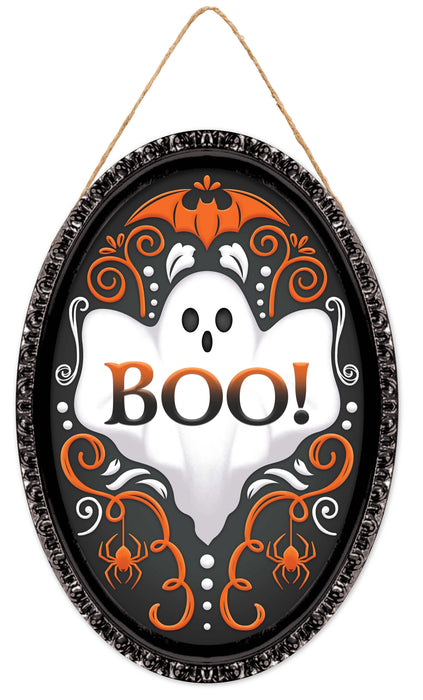 13"H X 9"L Ghost Damask Oval Sign Black/White/Orange AP740973