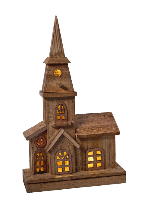 16"H X 9.5"L Wood Church W/Led Light Natural AS1023