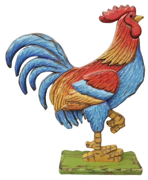 39"H X 32.5"W Wood Rooster Facing Right Blue/Red/Orange/Yellow AW9892 - DecoExchange®