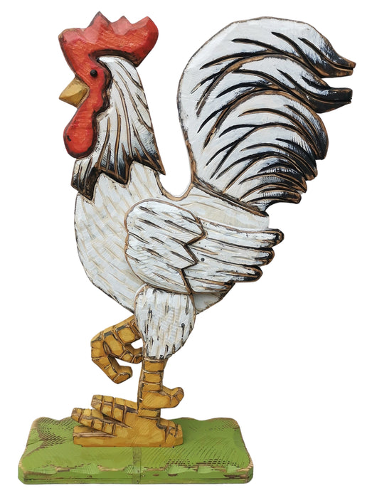 37"H X 19.5"W Wood Rooster Facing Left Wht/Grey/Black/Red/Ylw AW9893 - DecoExchange®