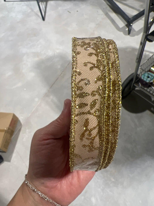 5/8"X10Yd Glitter Mini Leaf Vines Light Beige/Gold RGH111101