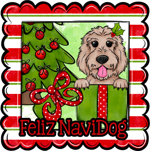 Golden Doodle Wreath Sign, Feliz NaviDog Dog Sign, 22" Door Hanger, DCO-W-00113-DH