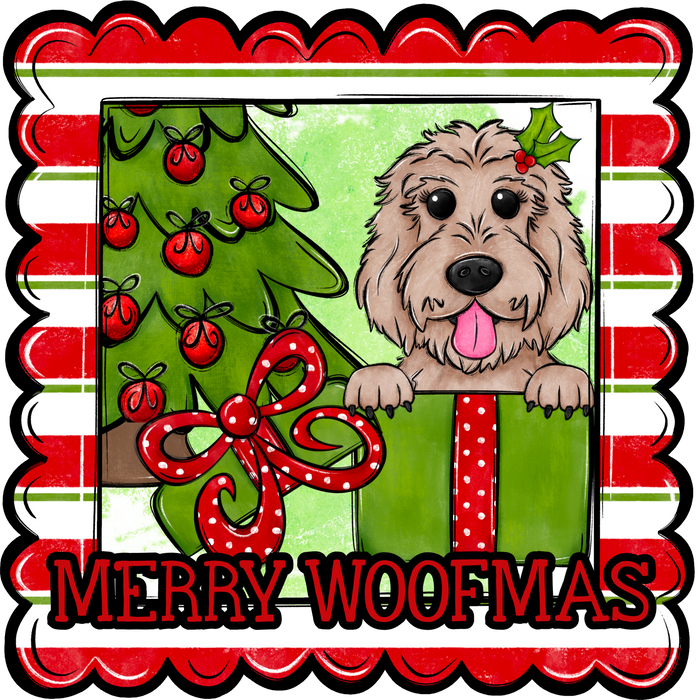 Golden Doodle Wreath Sign, Merry Woofmas Dog Sign, 22" Door Hanger, DCO-W-00115-DH