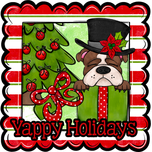 Bull Dog Wreath Sign, Yappy Holidays Dog Sign, 22" Door Hanger, DCO-W-00118-DH