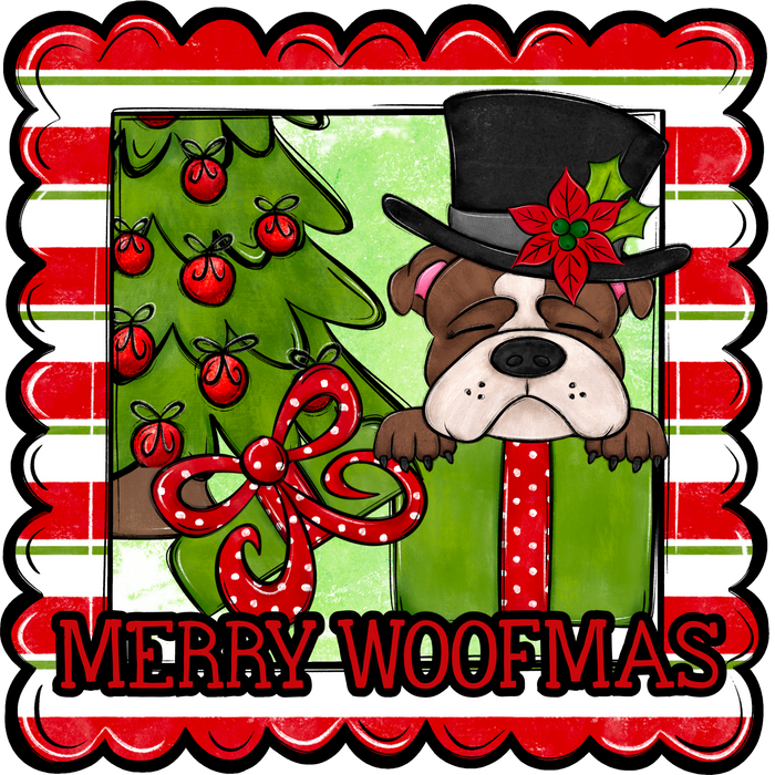 Bull Dog Wreath Sign, Merry Woofmas Dog Sign, 12" Wreath Sign, DCO-W-00121