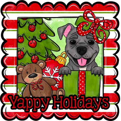 Pit Bull Wreath Sign, Yappy Holidays Dog Sign, 12" Wreath Sign, DCO-W-00130