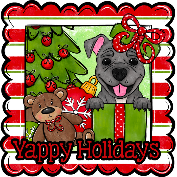 Pit Bull Wreath Sign, Yappy Holidays Dog Sign, 12" Wreath Sign, DCO-W-00130