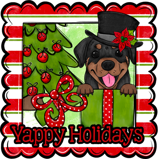 Rottweiler Wreath Sign, Yappy Holidays Dog Sign, 22" Door Hanger, DCO-W-00136-DH