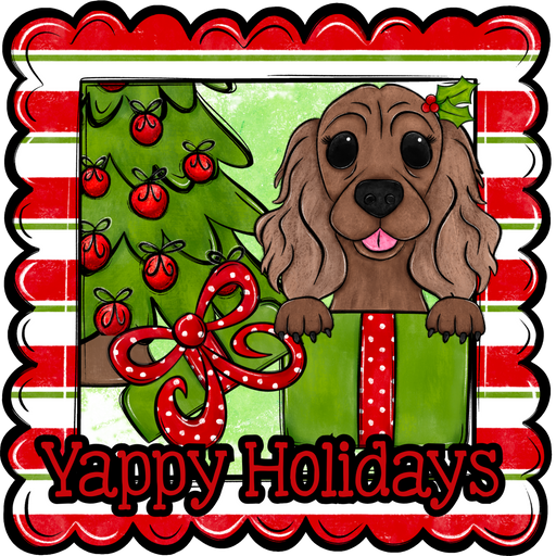 Cocker Spaniel Wreath Sign, Yappy Holidays Dog Sign, 12" Wreath Sign, DCO-W-00142