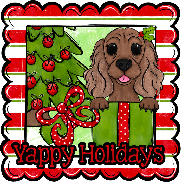Cocker Spaniel Wreath Sign, Yappy Holidays Dog Sign, 12" Wreath Sign, DCO-W-00142