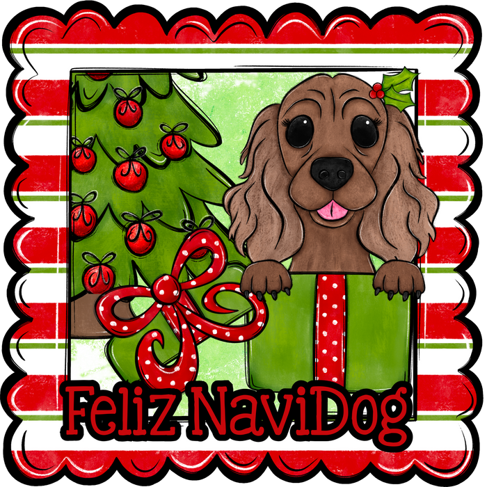 Cocker Spaniel Wreath Sign, Feliz NaviDog Dog Sign, 22" Door Hanger, DCO-W-00143-DH