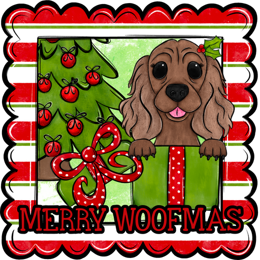 Cocker Spaniel Wreath Sign, Merry Woofmas Dog Sign, 22" Door Hanger, DCO-W-00145-DH