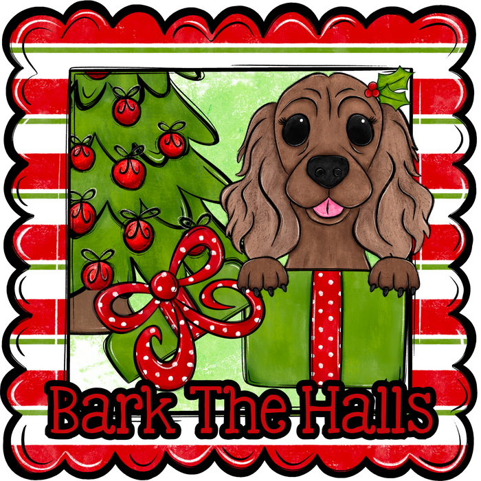 Cocker Spaniel Wreath Sign, Bark The Halls Dog Sign, 22" Door Hanger, DCO-W-00146-DH