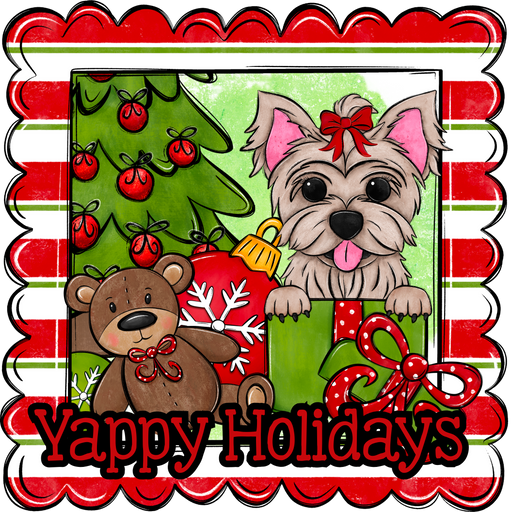 Yorkie Wreath Sign, Yappy Holidays Dog Sign, 12" Wreath Sign, DCO-W-00159