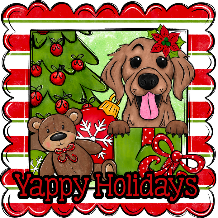 Golden Retriever Wreath Sign, Yappy Holidays Dog Sign, 12in Wreath Sign, DCO-W-00160