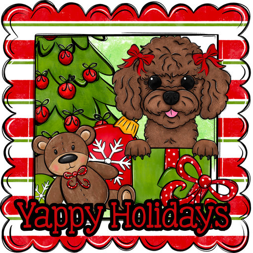 Poodle Wreath Sign, Yappy Holidays Dog Sign, 12in Wreath Sign, DCO-W-00161