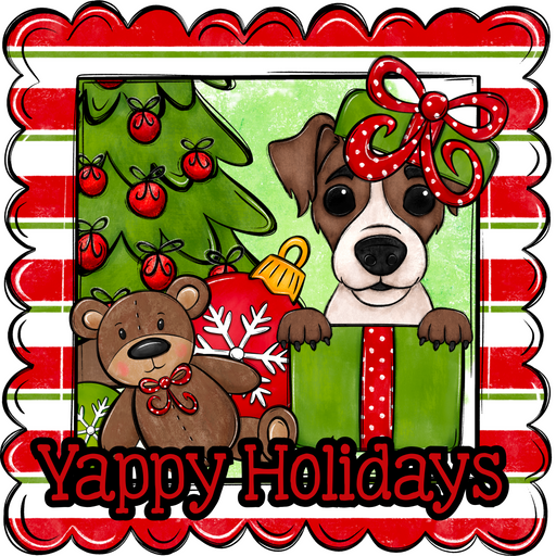 Jack Russell Terrier Wreath Sign, Yappy Holidays Dog Sign, 12in Wreath Sign, DCO-W-00166
