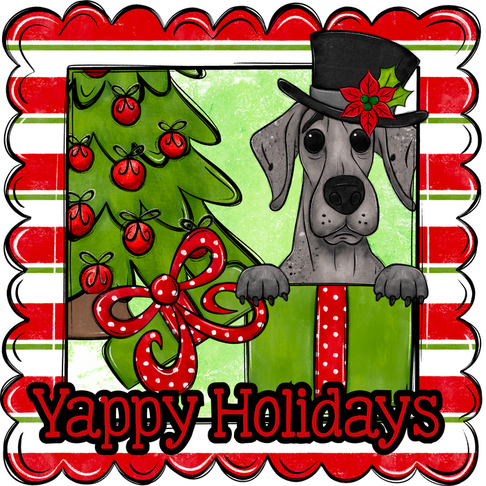 Great Dane Wreath Sign, Yappy Holidays Dog Sign, 22" door hanger, DCO-W-00168-DH