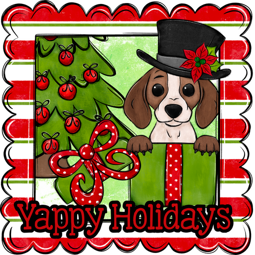 Beagle Wreath Sign, Yappy Holidays Dog Sign, 12in Wreath Sign, DCO-W-00171