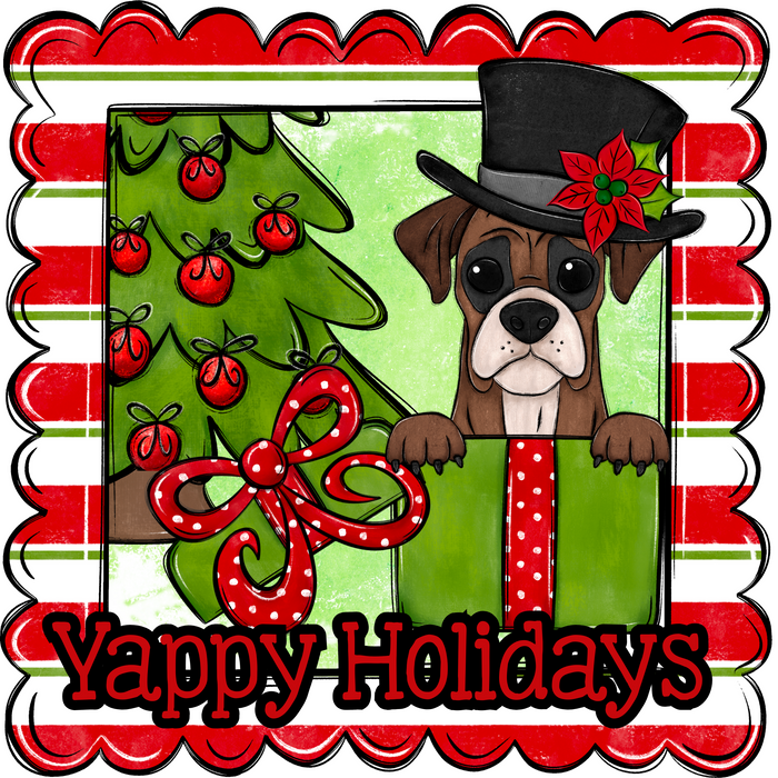 Boxer Wreath Sign, Yappy Holidays Dog Sign, 12in Wreath Sign, DCO-W-00172