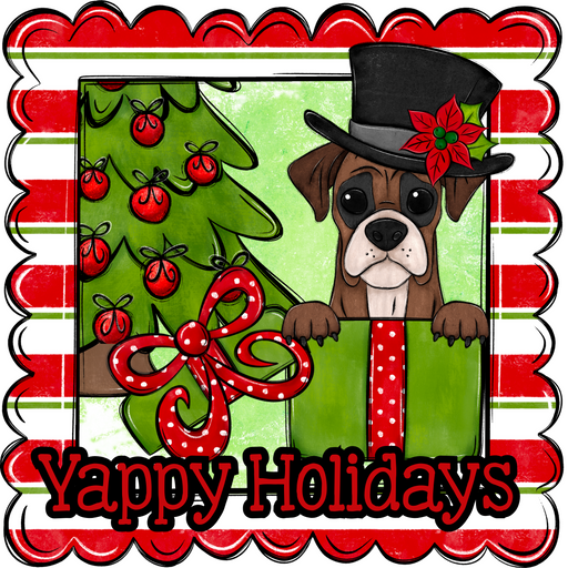 Boxer Wreath Sign, Yappy Holidays Dog Sign, 22" door hanger, DCO-W-00172-DH