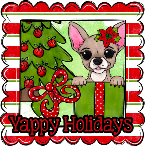 Chihuhua Wreath Sign, Yappy Holidays Dog Sign, 22" door hanger, DCO-W-00173-DH