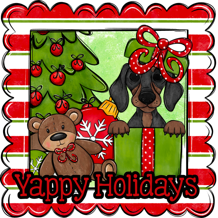 Dachshund Wreath Sign, Yappy Holidays Dog Sign, 22" door hanger, DCO-W-00175-DH