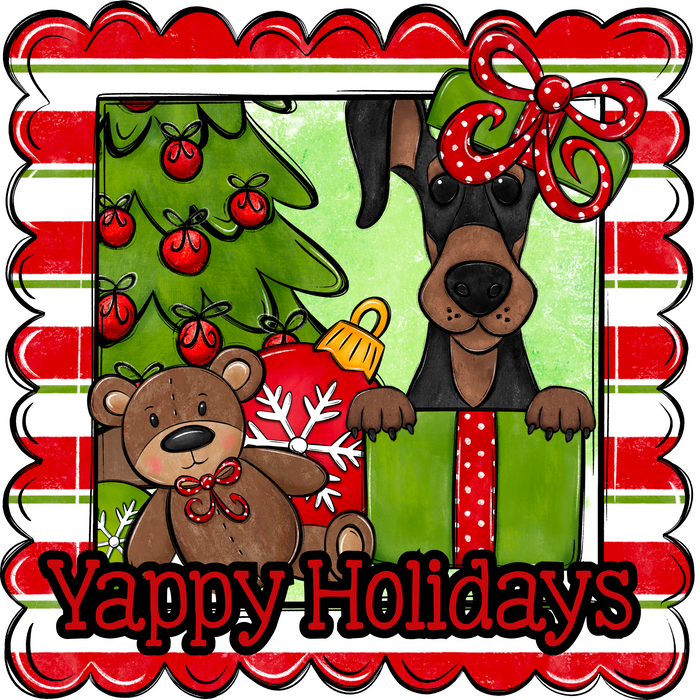 Dobermann Wreath Sign, Yappy Holidays Dog Sign, 22" door hanger, DCO-W-00176-DH