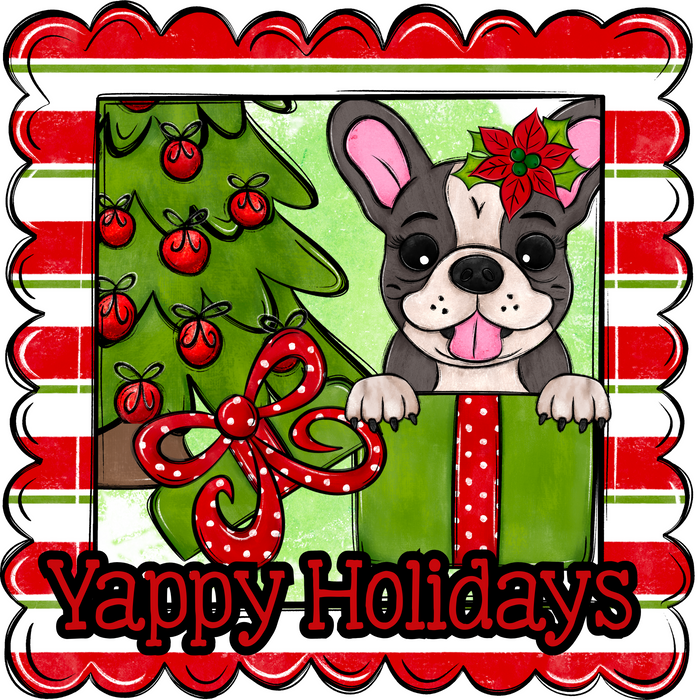French Bulldog Wreath Sign, Yappy Holidays Dog Sign, 22" door hanger, DCO-W-00177-DH
