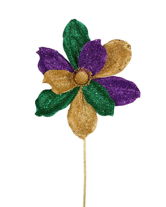 17"L Glitter/Fabric Magnolia Stem Mardi Gras HG3315