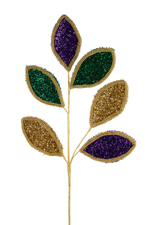 28"L Vglitter/Lace Leaf Spray, X6 Leaves Mardi Gras HG3362 - DecoExchange®