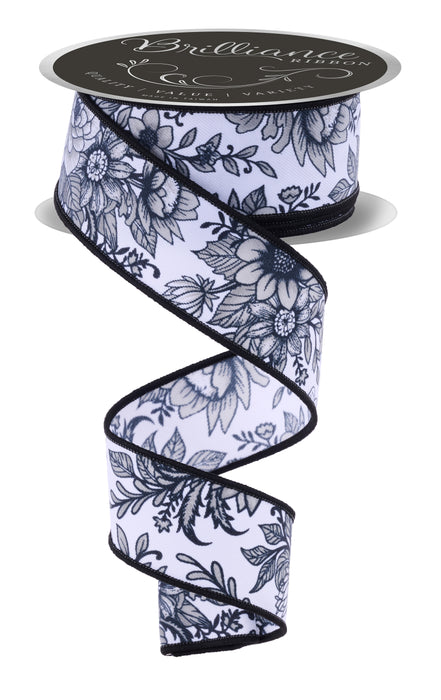1.5"X10Yd Chinoiserie Florals White/Grey/Black LS3000X6 - DecoExchange®